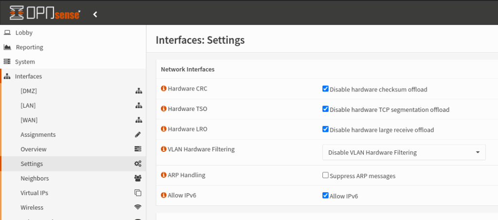 Impostazioni di offloading corrette per un firewall OPNsense.